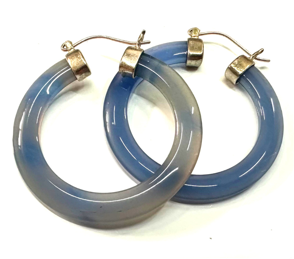 Vintage Blue Stone Hoop Earrings MARKED GSJ 925 Sterling Silver Jewelry Lot H