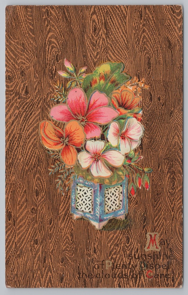 Greetings~Sunshine~Pink Orange & White Flowers In Blue Box~Vintage Postcard