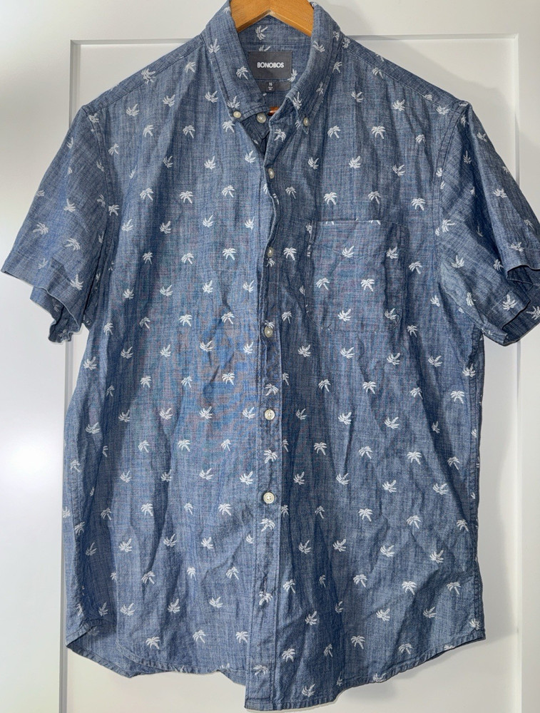 Bonobos Blue Palm Tree Chambray Cotton Button-Up Shirt Men's XL Short Sleeve