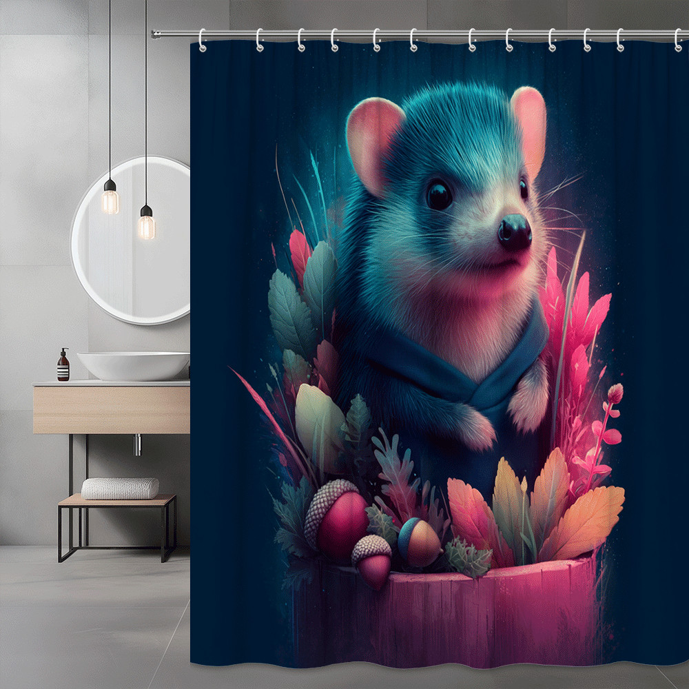 Cute Hedgehog Floral Shower Curtain, Blue and Pink Animal Print