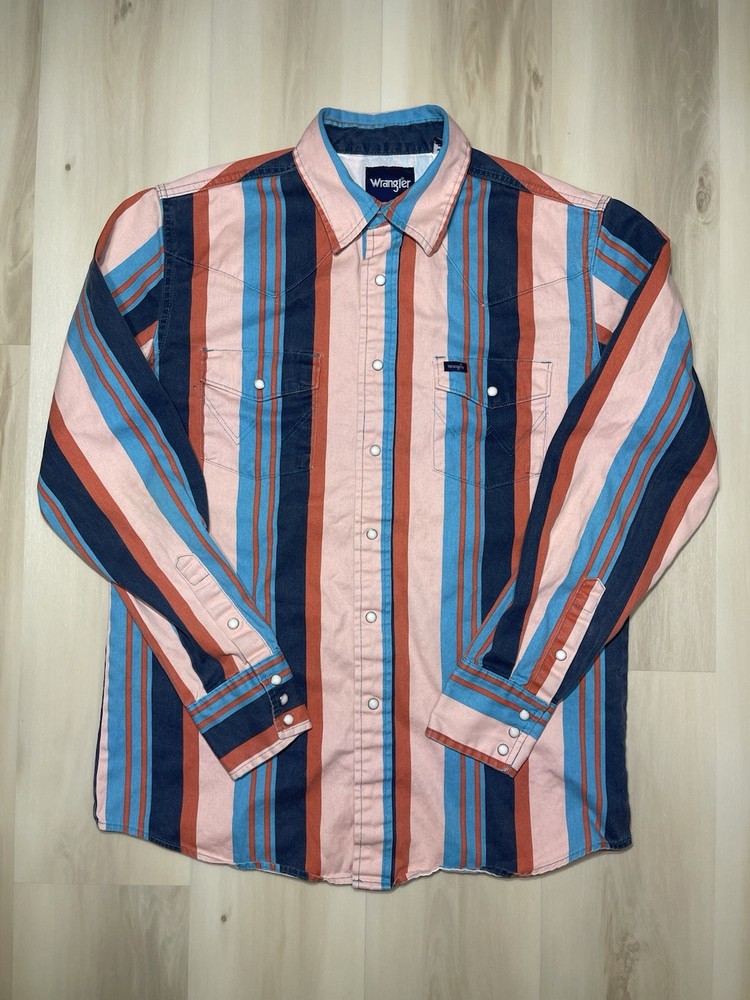 VTG 90'S Wrangler Brush Popper Striped Men Western Snap Shirt Sz Med Aztec Vibe