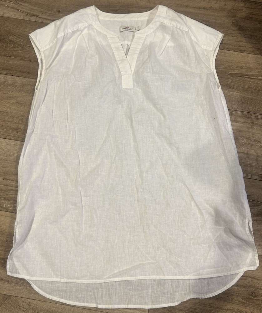 Vineyard Vines White Solid Linen Cotton Split Neck Sleeveless Tunic Blouse L