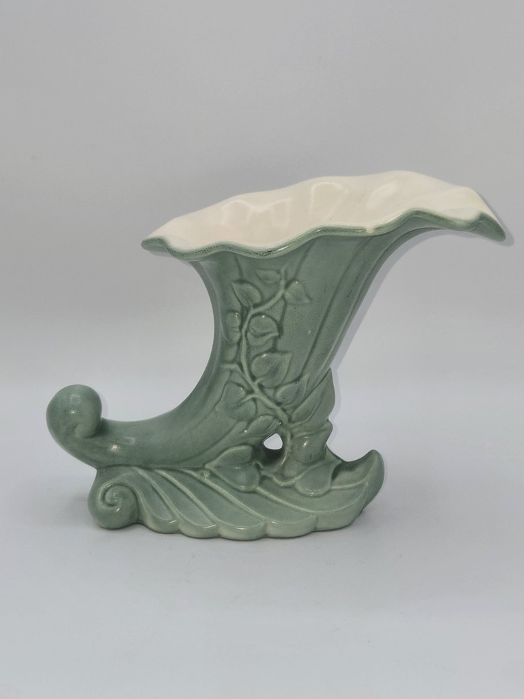 Vintage Red Wing Pottery Matte Green & Cream Cornucopia Vase #1097 Art Deco