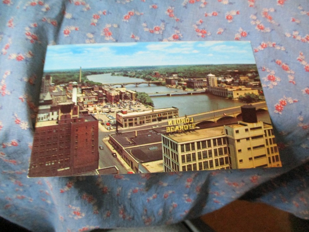 Old Postcard  Rockford Illinois Aerial View Business Section Rock River Bridges