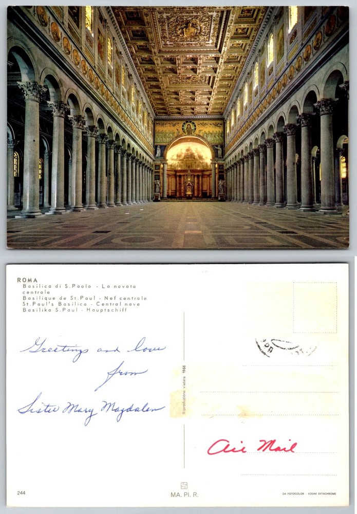 St. Paul's Basilica Rome Italy Central Nave Interior Vintage Postcard 1966