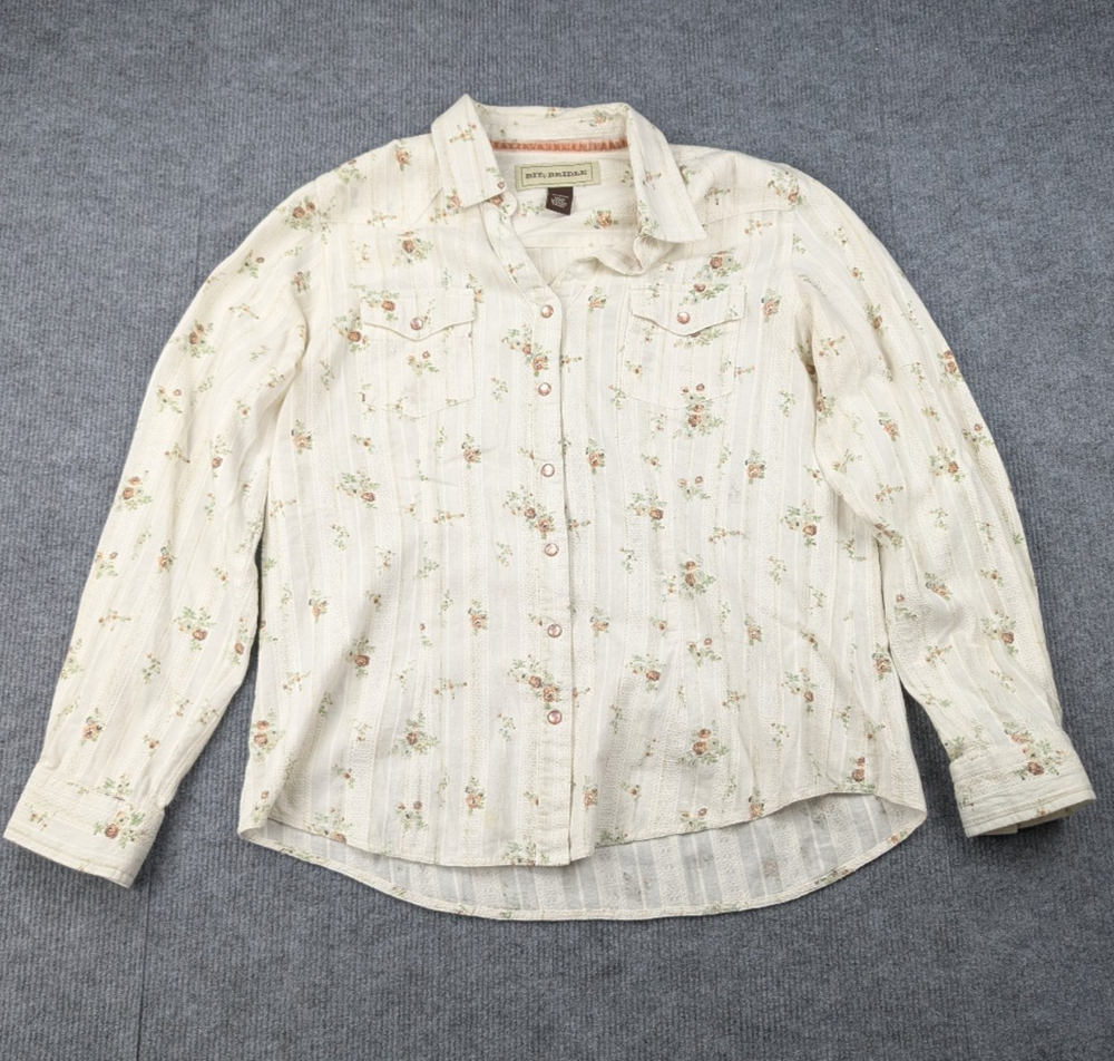 Bit & Bridle Pearl Snap Shirt Womens Large Lace Cottage Coquette Western Peasant