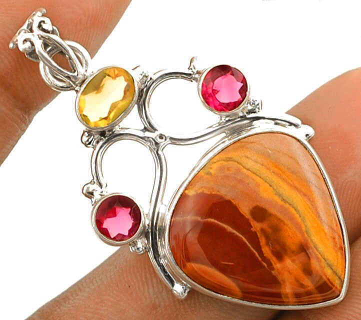 Natural Polychrome Jasper Citrine 925 Silver Pendant 1.875 Inch