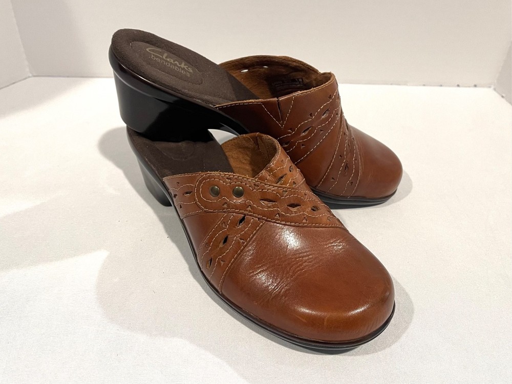 Clarks Shoes Women’s 8 Wide Brown/Tan Bendables Leather Mules Slip On Clogs