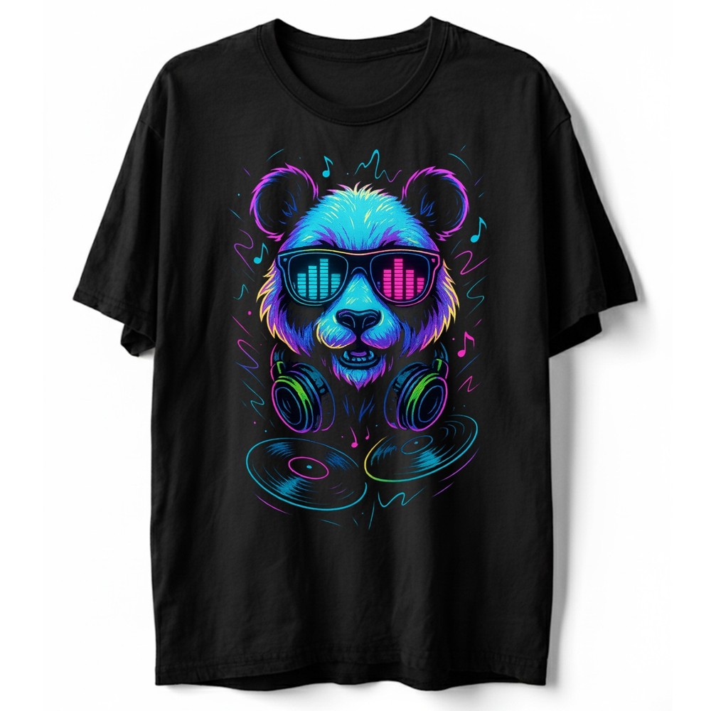 Neon DJ Panda T-Shirt Rave EDM Graphic Tee, Festival Party Music Lover Tee