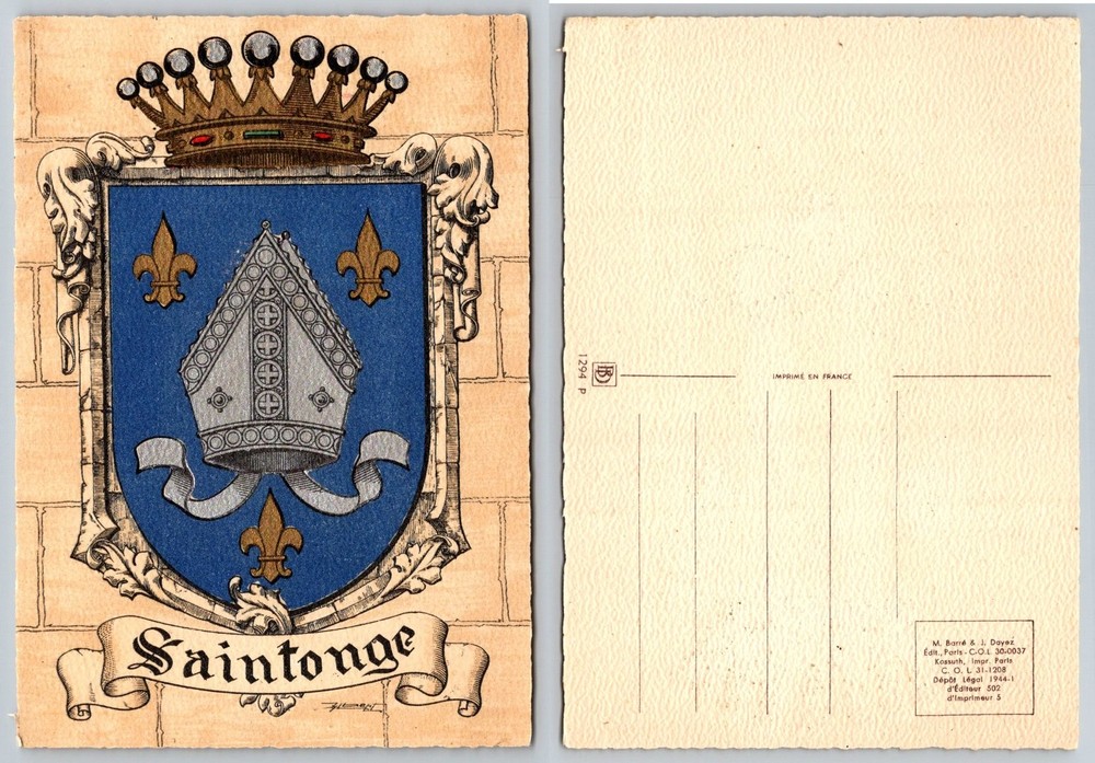 Saintonge France Coat of Arms Postcard 1944 F.L. Bertrand French Heraldry