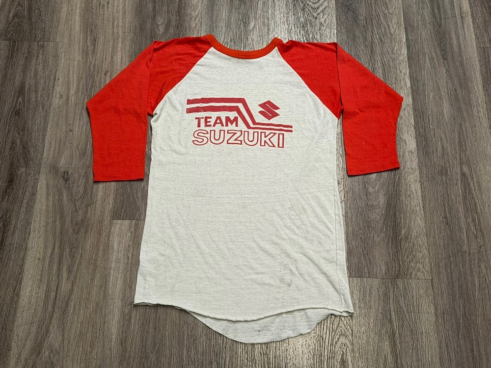 1960s Vintage TEAM SUZUKI 3/4 Tshirt Retro red ringer knit classic