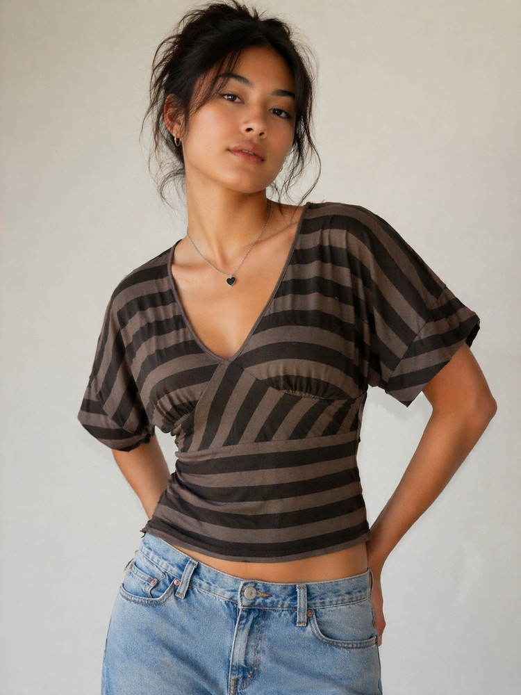 Old Navy Womens Vintage Y2K Babydoll Striped Top Size M Brown Dolman Mallcore