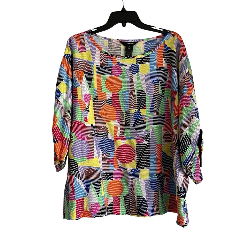 Ali Miles Boxy Popover Ruched Sleeve Top Womens XL Multi Abstract Artsy Colorful