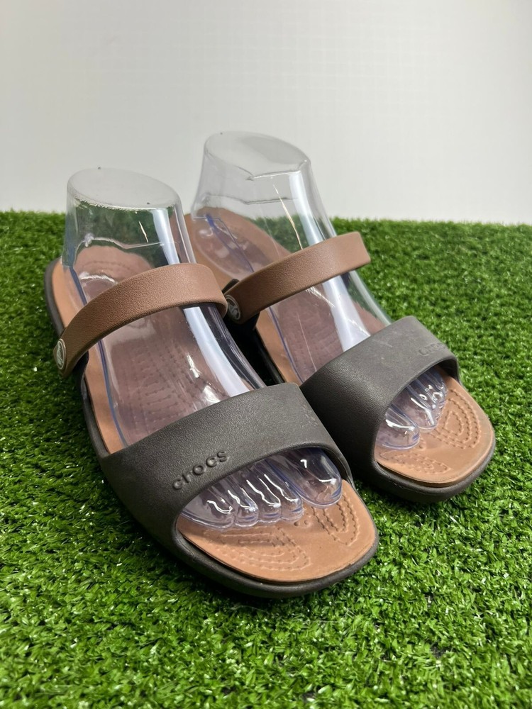 Crocs Coretta Slides Womens Size 9 Brown Double Strap Comfort Slip On Sandals