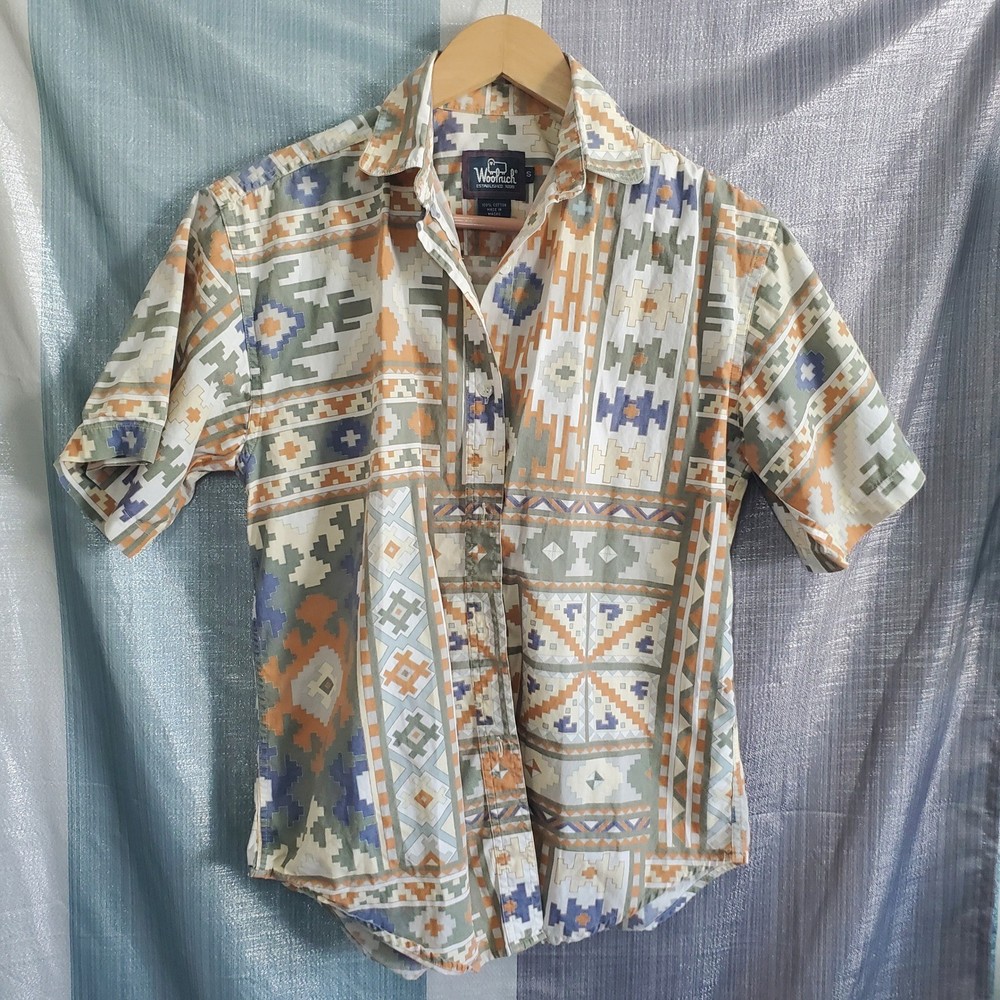 Woolrich S Aztec Vtg 90s Southwestern Cotton Short Sleeve Button Down Shirt