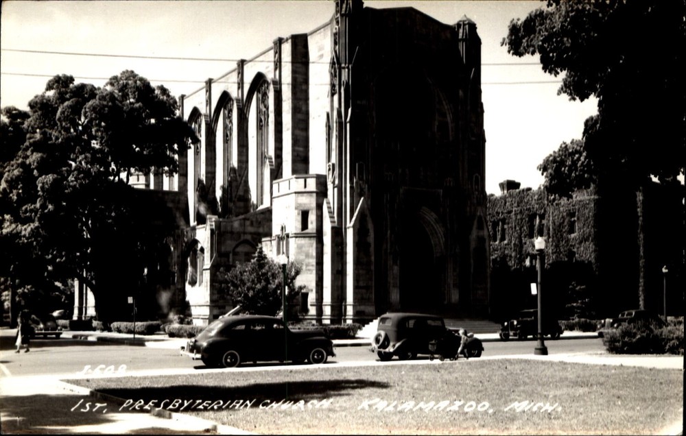 First Presbyterian Church~Kalamazoo Michigan ~  Cook J508 RPPC photo 1940s cars