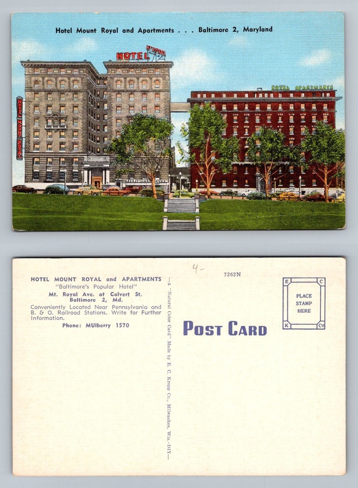 Baltimore, MD-Maryland, Hotel Mount Royal and Apartments View Vintage Postcard