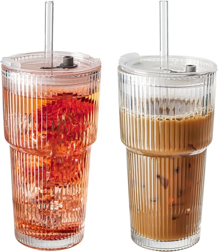 20oz Ribbed Glass Tumblers W/ Lids Straws Ideal Iced Coffee Cocktails More