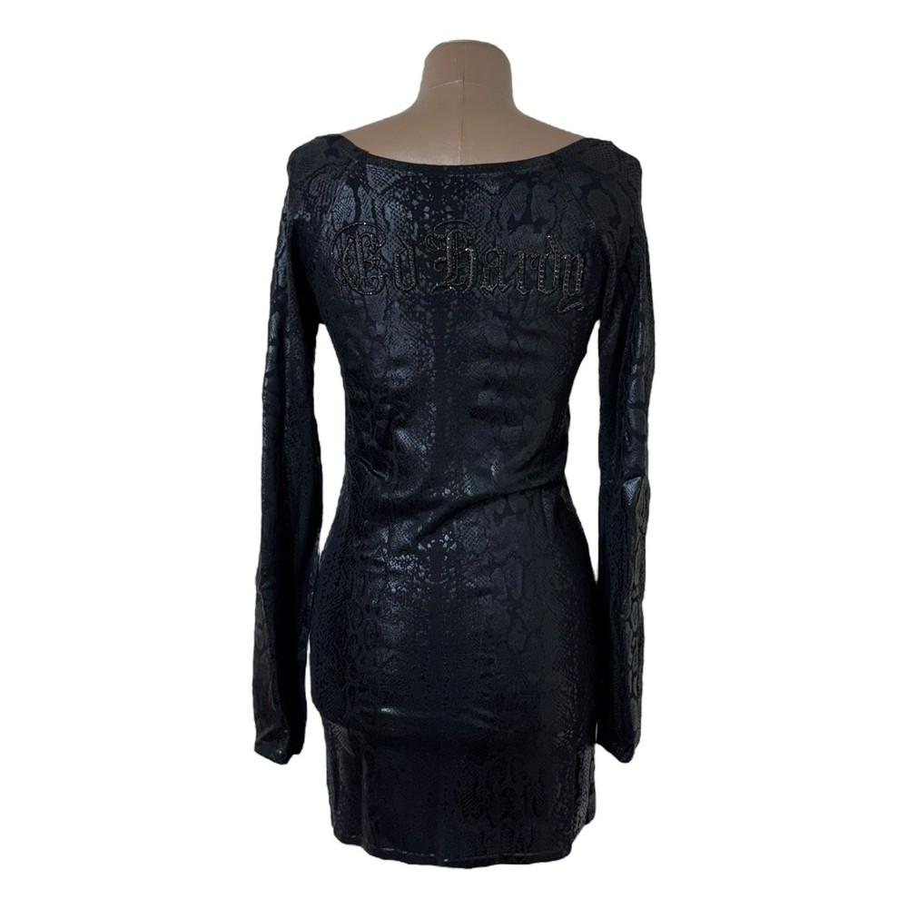 Ed Harvey Vintage Y2K Black Bling Tunic Dress Women Size L Snakeskin Mini