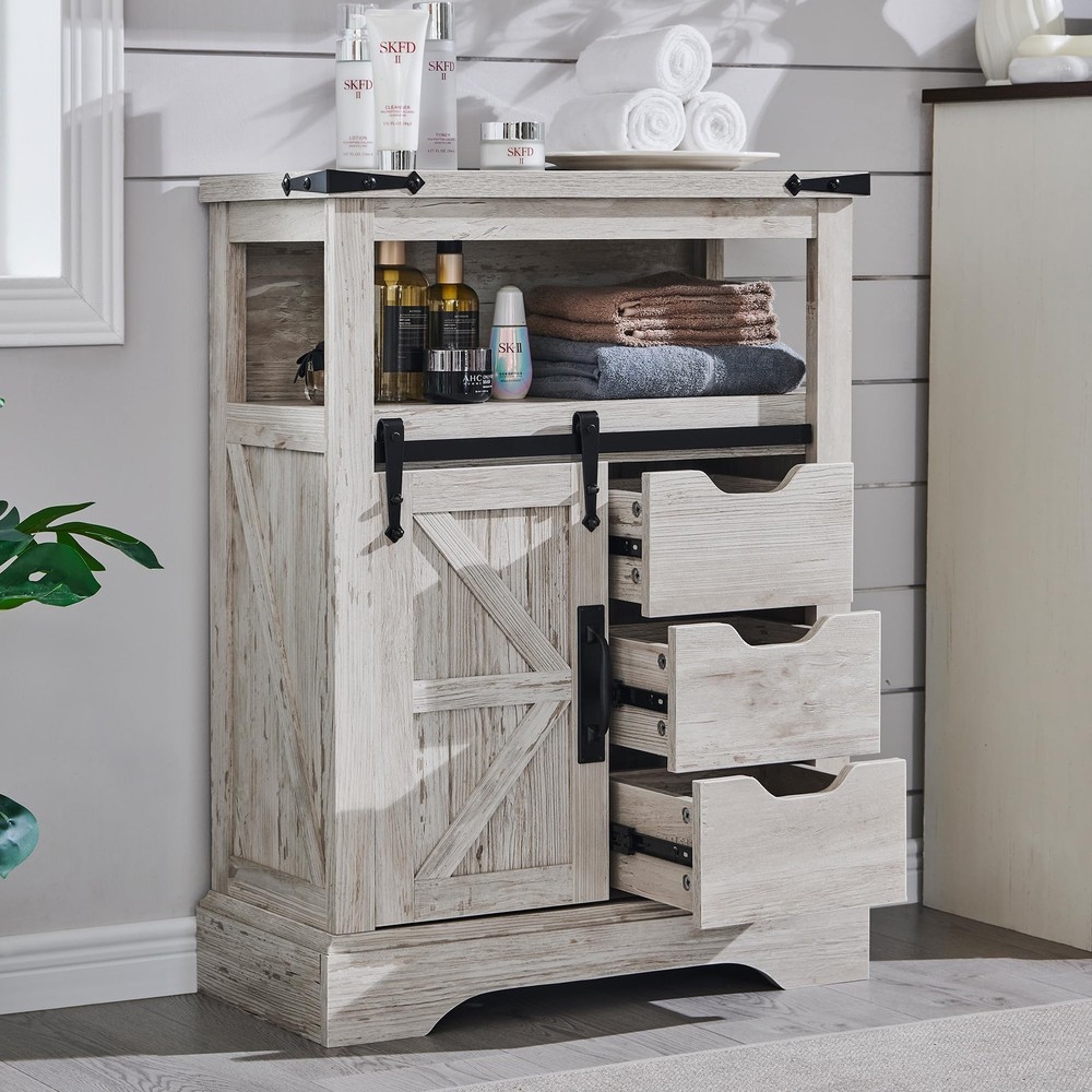 OKD Farmhouse Bathroom Floor Cabinet with Sliding Barn Doors for Small Space Storage