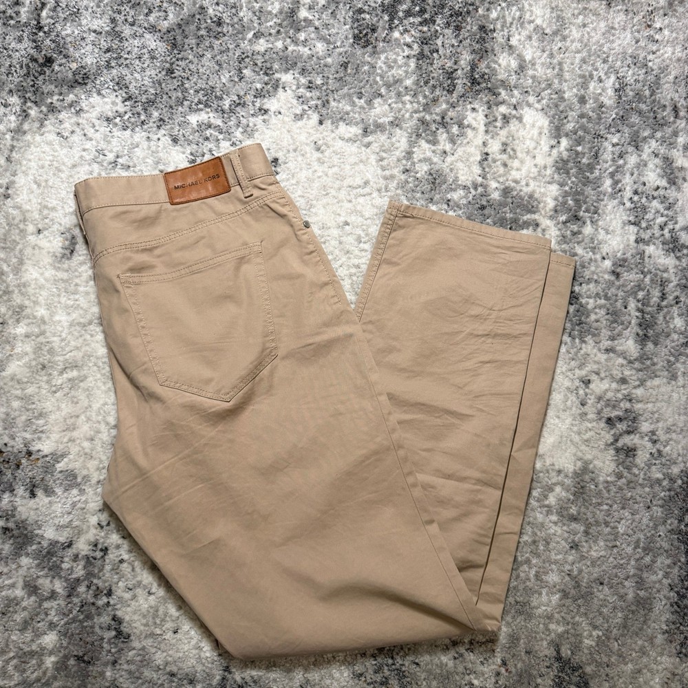 Michael Kors Mens Tailored Fit Khaki Tan Stretch Cotton Pants 34/32 Straight Leg