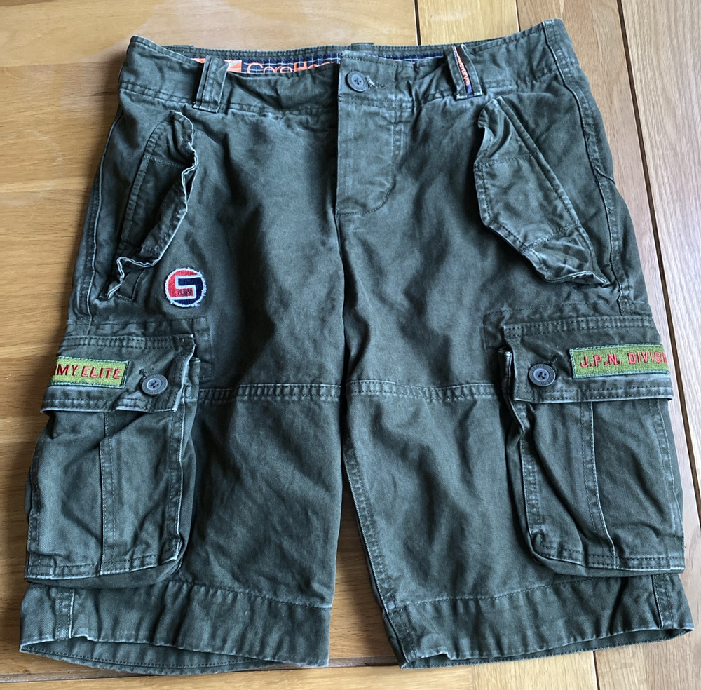 Superdry Core Heavy Cargo Shorts Green Button Fly Utility Pockets Army Small