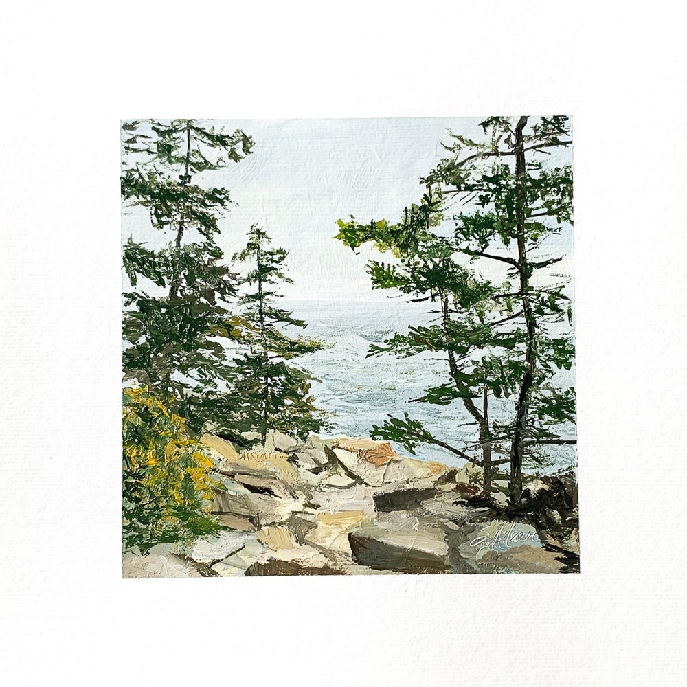 8x8 Maine Original Oil Painting Seascape Acadia National Park Pines Rock Signed-image