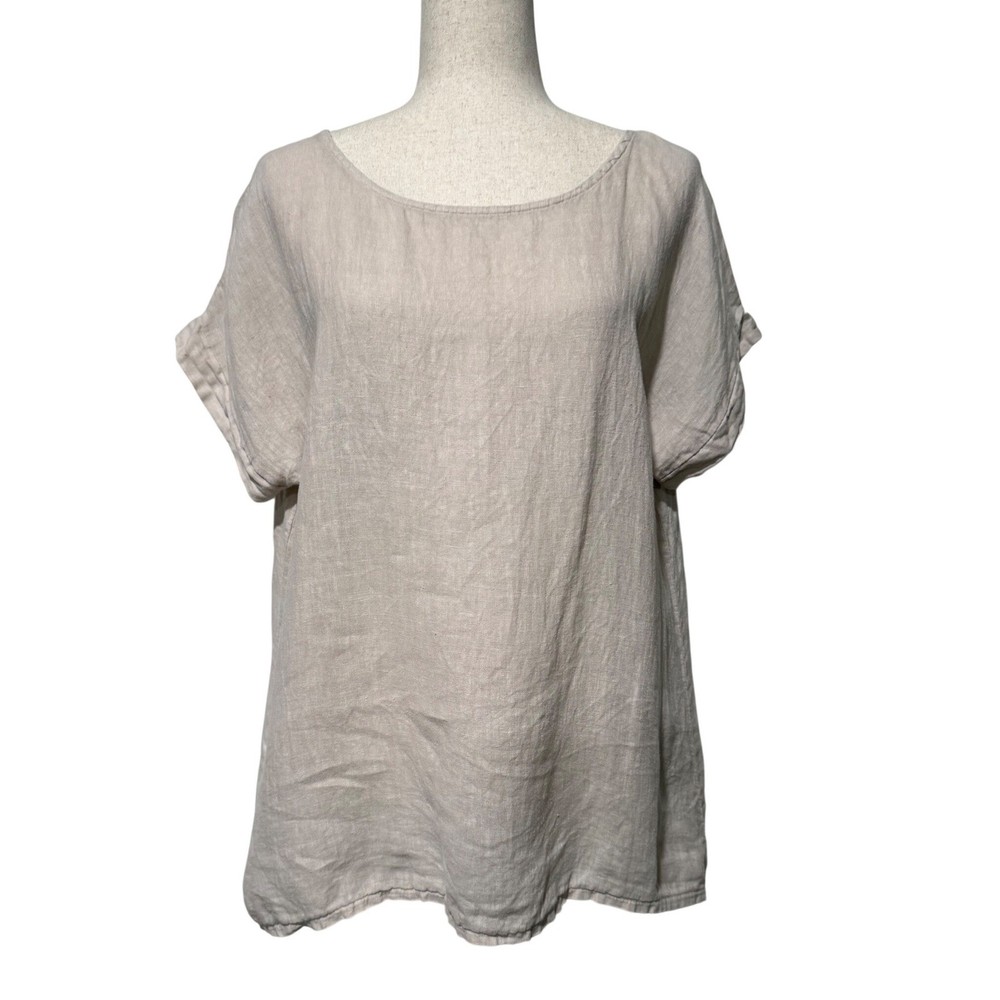 Terzo Millennio Linen Top Womens Medium Beige Button Back Relaxed Fit Lagenlook