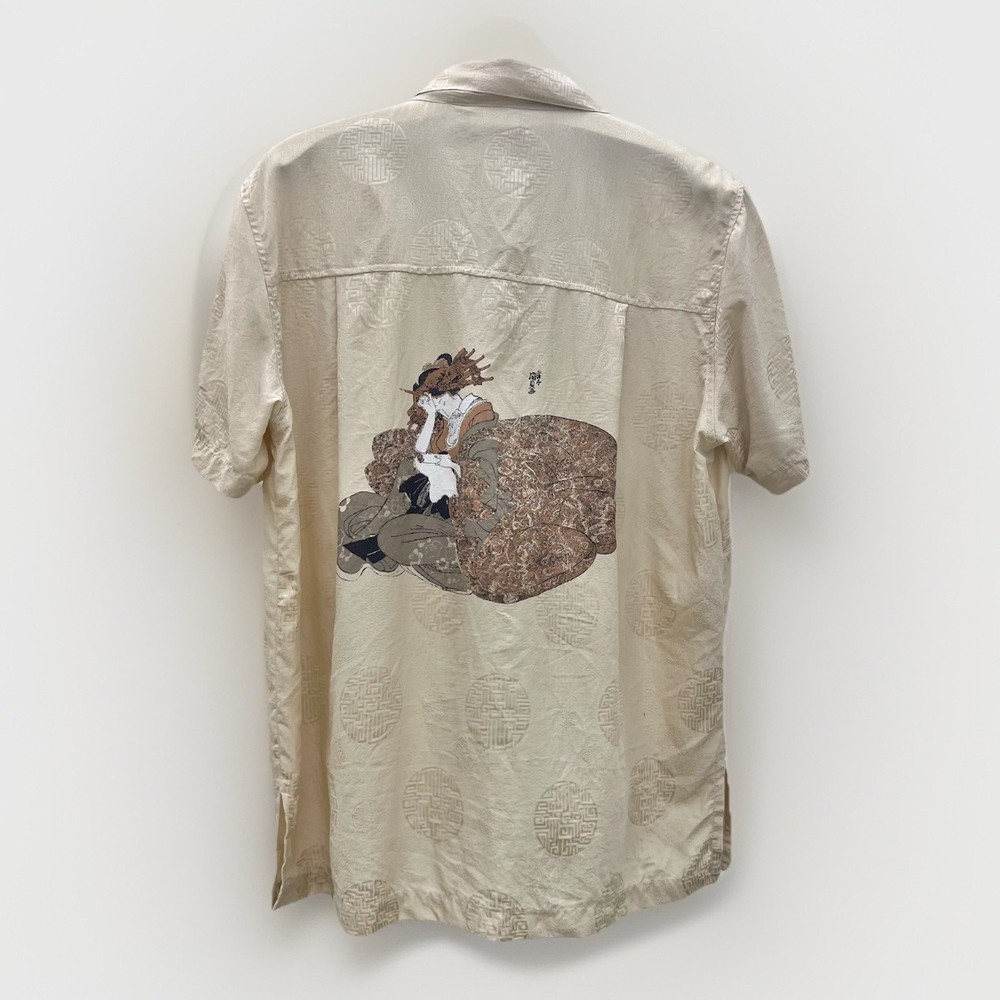 Unisex Vintage Chico’s Silk Asian Art Graphic Back Jacquard Cream Size 2