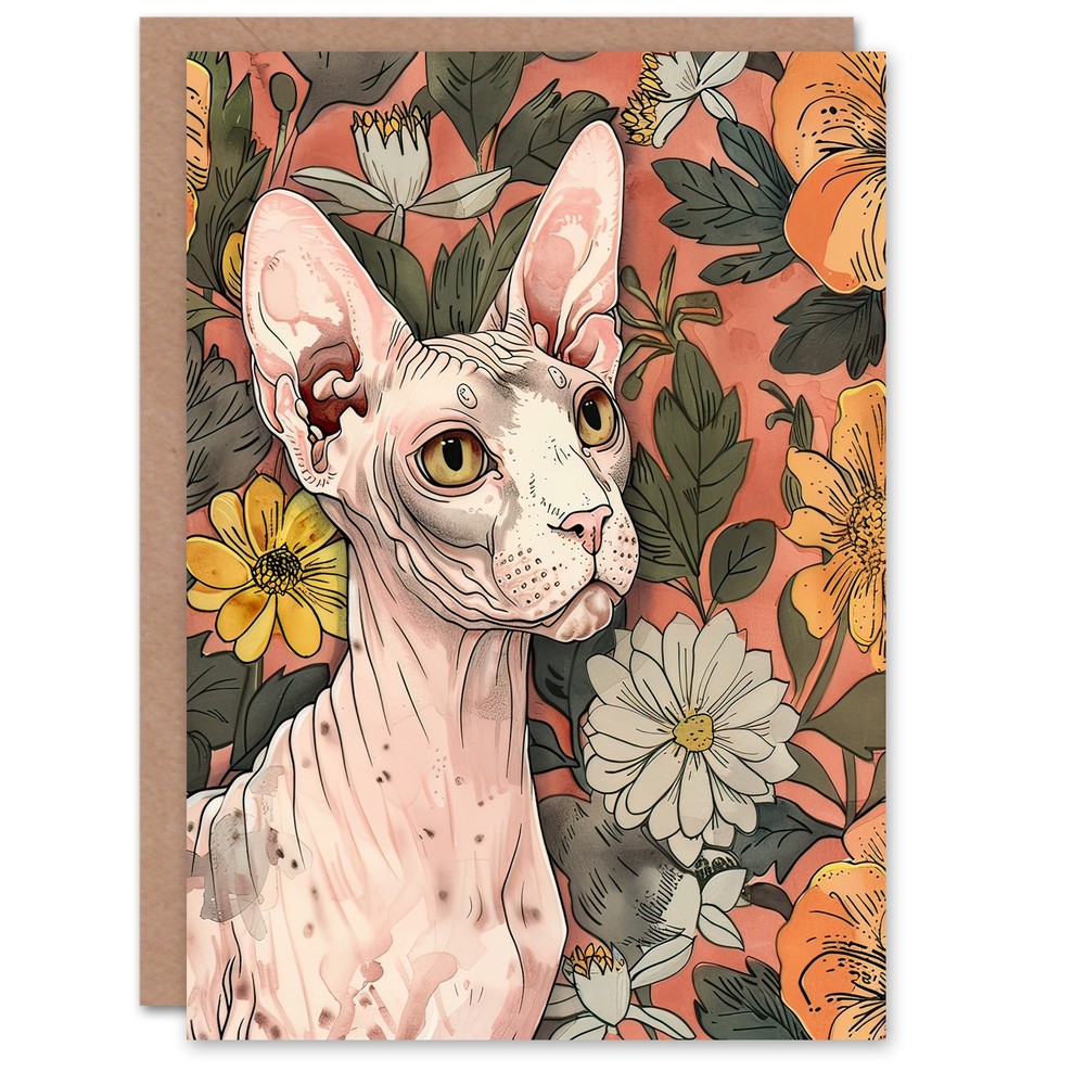 Greeting Card Sphynx Cat Lover in Flower Garden Pet Portrait Birthday