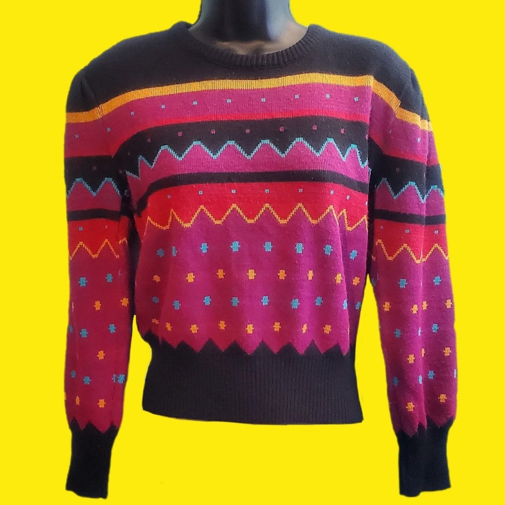 VINTAGE 80's Graphic Geometric Abstract Pullover Sweater Women's Medium-image