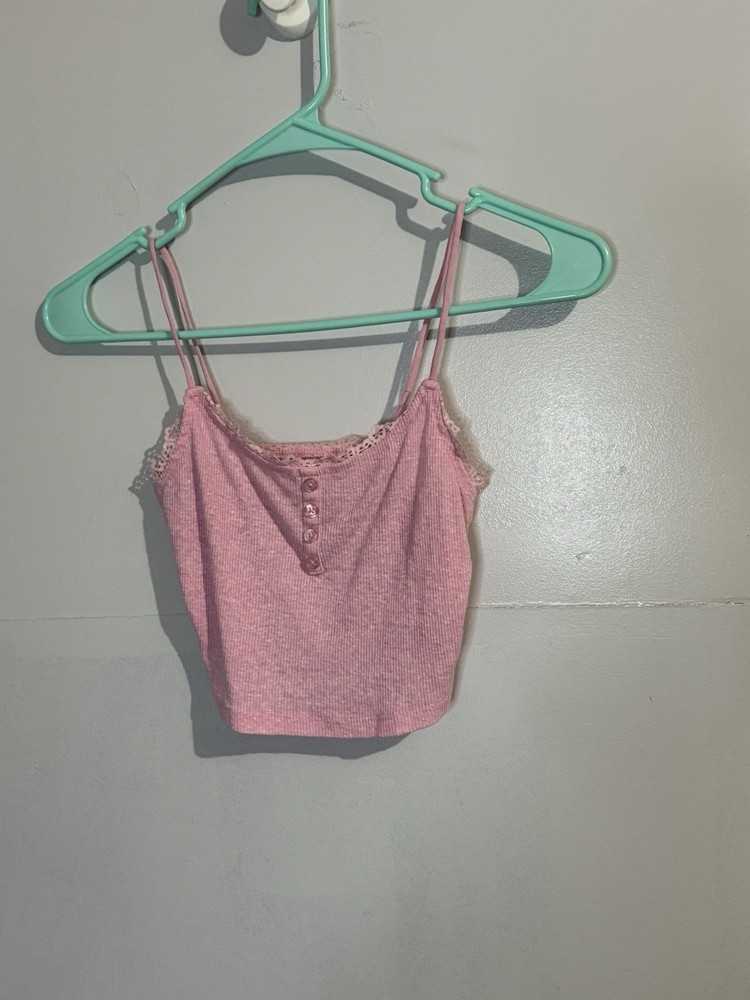 Pink Lace Trim Ribbed Baby Tank Top Tee Cropped Womens Size XS