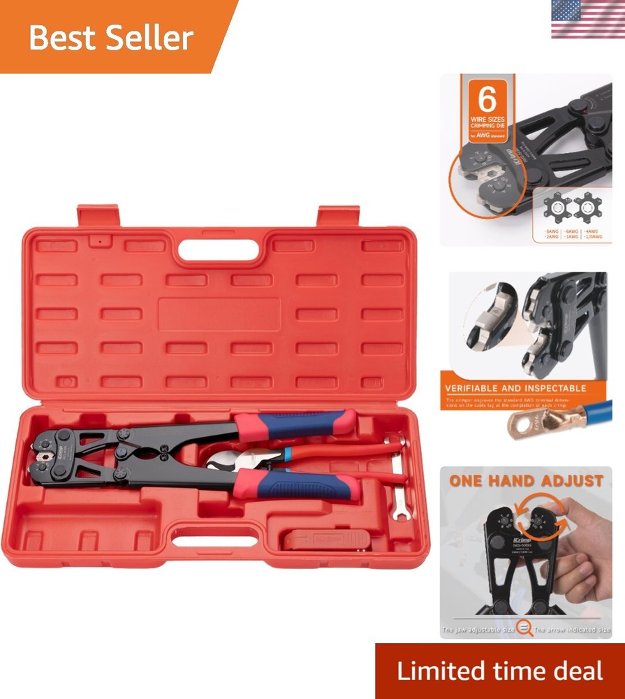 Battery Cable Lug Crimping Tool for 8, 6, 4, 2, 1, 1/0 AWG Copper Cable Lugs,...
