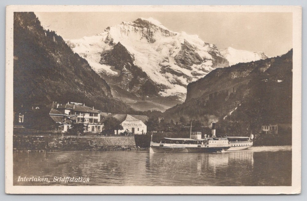 Interlaken Schiffstation Switzerland Paddle Steamer Jungfrau Mountain 1910s