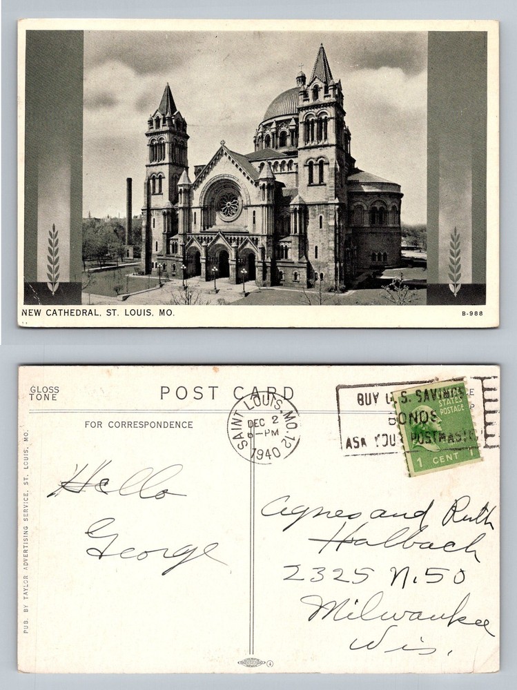 St Louis, MO-Missouri, New Cathedral Basilica Exterior Vintage c1940 Postcard