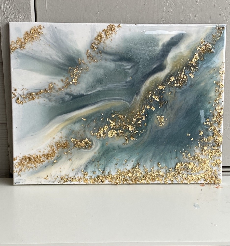 Resin Abstract Art Canvas Blue/Green With Gold Flakes 18x24-image