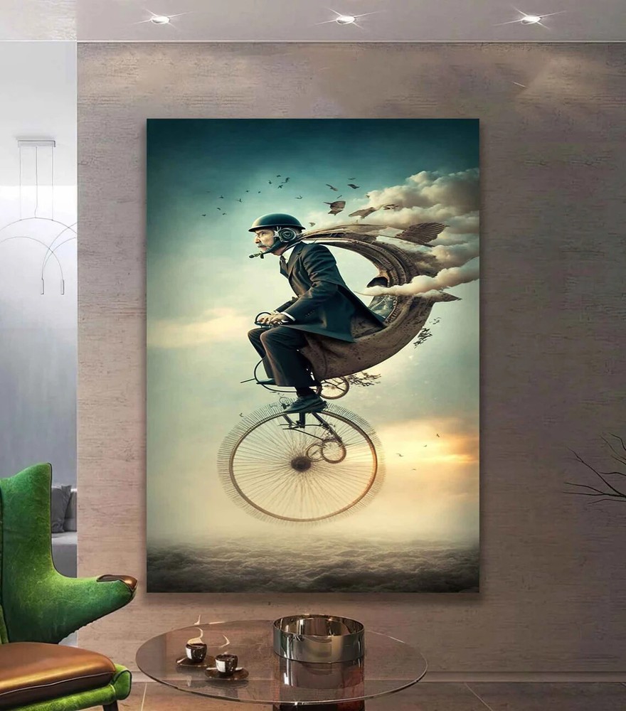 Surreal Cyclist, Flying Winged Bicycle Print Wall Art Canvas Unframed Print Art