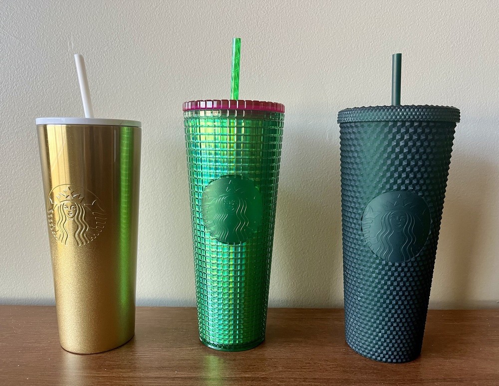 STARBUCKS 3 Christmas Tumblers Including Gold Cold Cup Venti Holiday 2019 24 Oz.