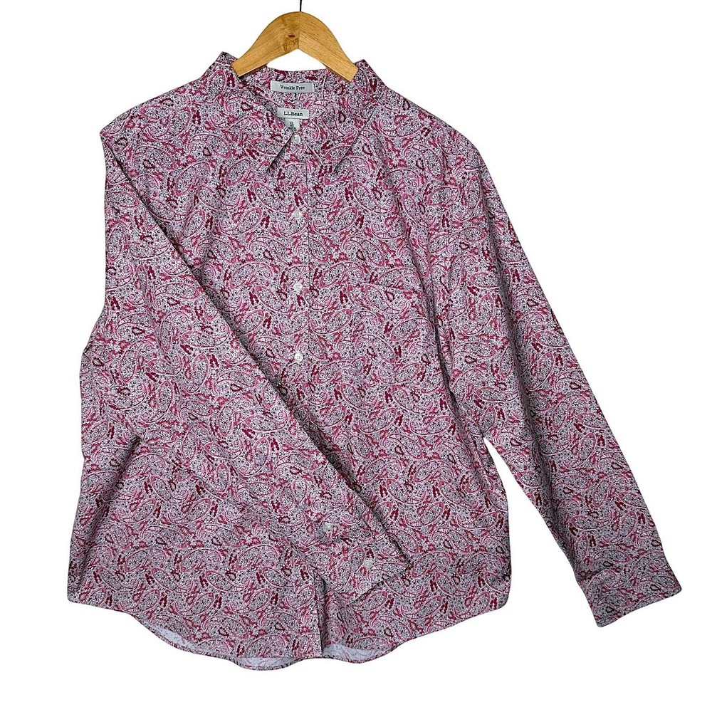 L.L. Bean Womens XL Pink Paisley Wrinkle Free Button Down Shirt Preppy Travel