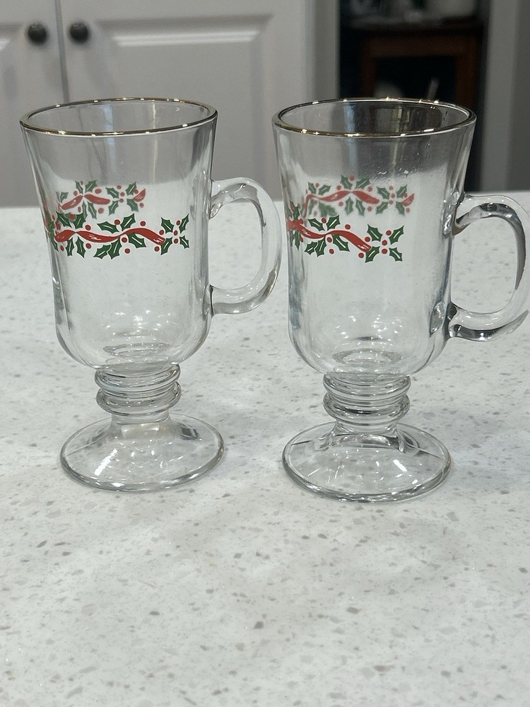 2 ~ Vintage Libbey Irish Coffee Mugs ~ Christmas Holly Berry Ribbon ~ Gold Band