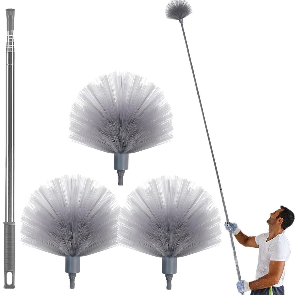 Cobweb Duster With Extension Pole & 3 Clean Head Medium Stiff Bristles Cobweb Du