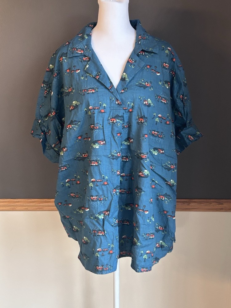 Duluth Trading Women’s Printmaker Organic Cotton Popover Top Happy Camper XXL