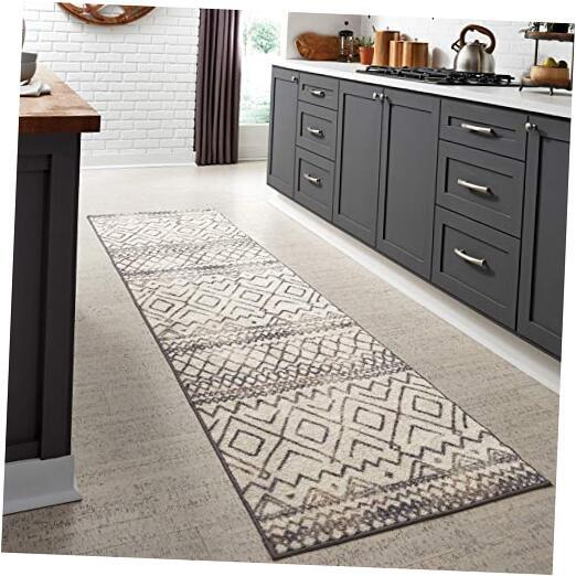 Abstract Diamond Non-Slip Runner Rug 2.5x10 Neutral Modern Distressed Design-image