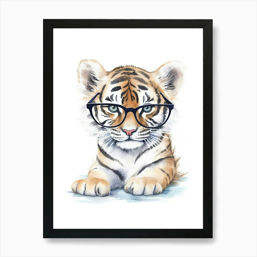 Smart Baby Tiger in Glasses Framed Wall Art Canvas Print