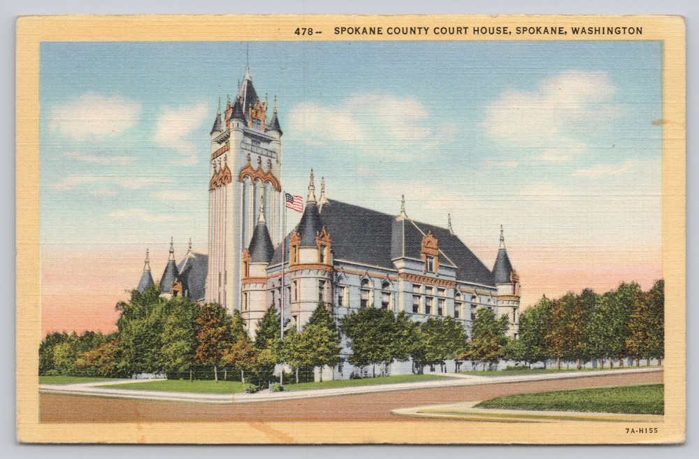 Vintage Linen Spokane County Court House Postcard Washington