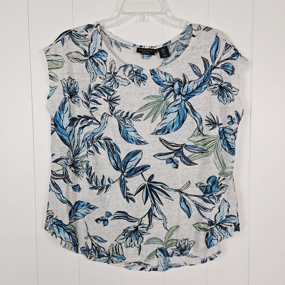Tahari 100% Linen Cap Sleeve White Leaf Floral Blue Print T Shirt Top Medium