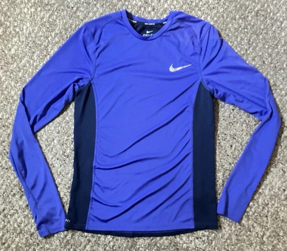 Nike Dri-FIT Miler Long Sleeve Running Shirt Blue Navy S Lightweight Breathable