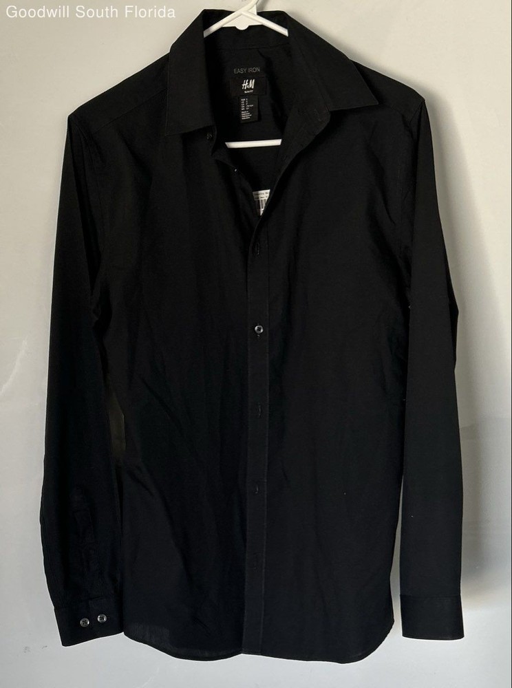 H&M Mens Black Slim Fit Easy Iron Long Sleeve Collared Button-Up Shirt Size S