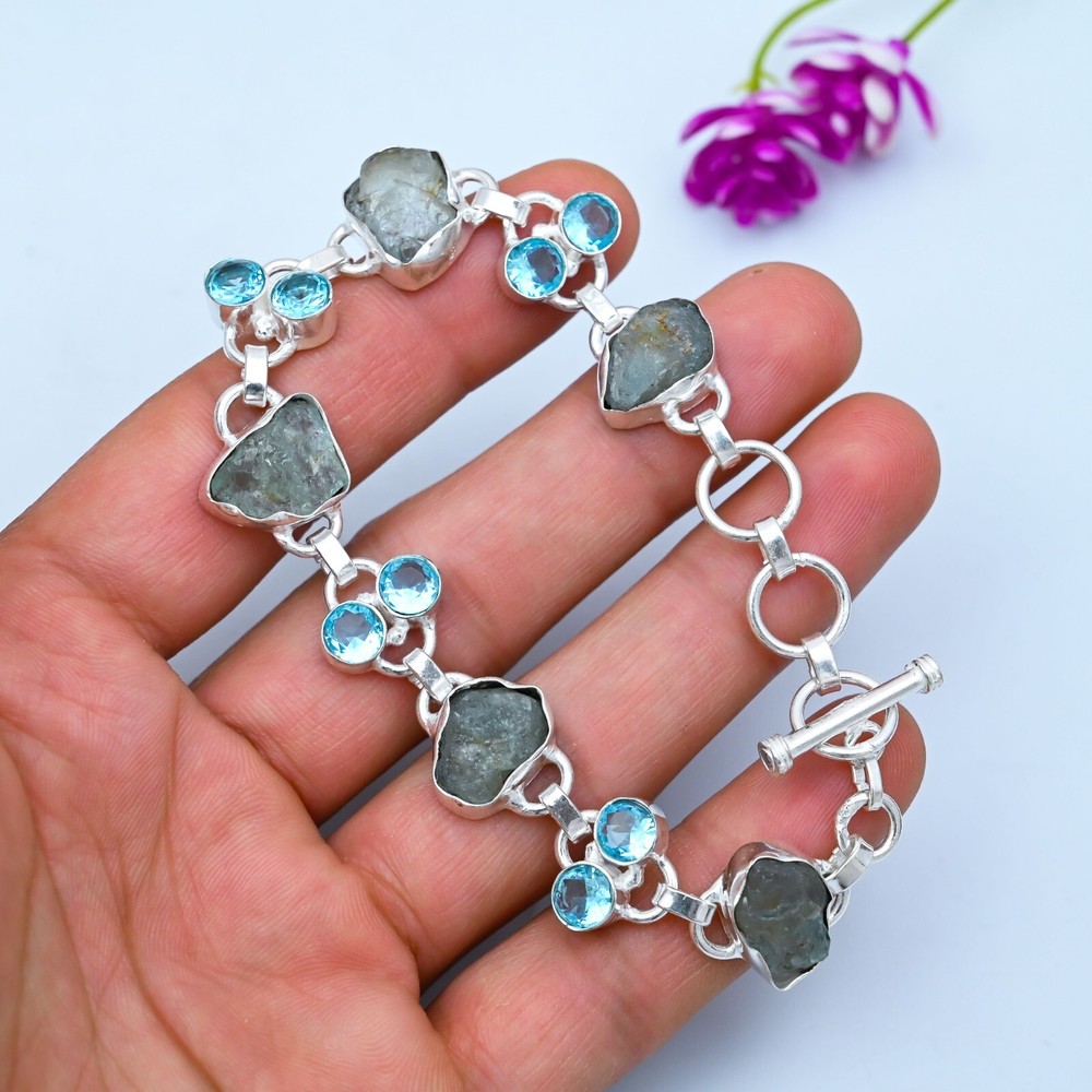 Aquamarine, Swiss Blue Topaz Gemstone Chain Bracelet 925 Sterling Silver Jewelry