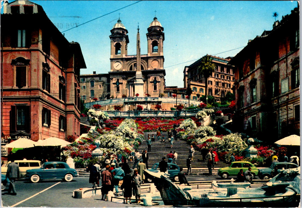 Vintage Postcard Rome Italy Trinita Dei Monti Spanish Steps Church Flowers